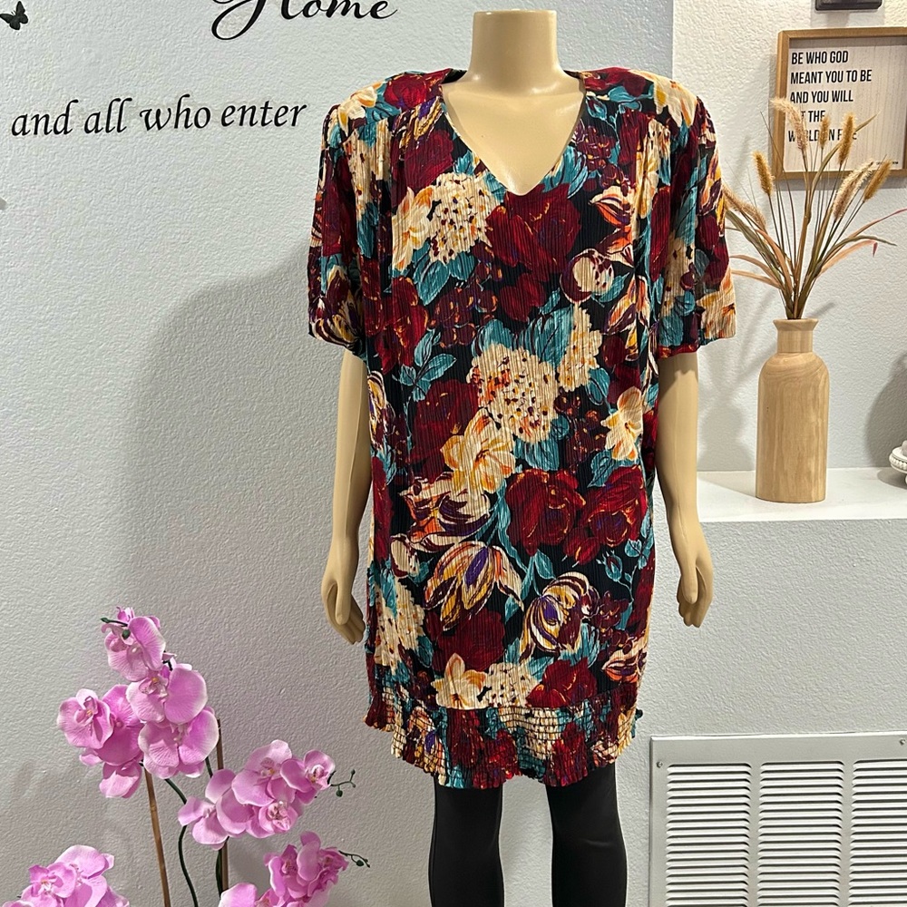 Vintage Sharon Anthony Womens Red Art Blouse Size 20W Retro Floral Pleated